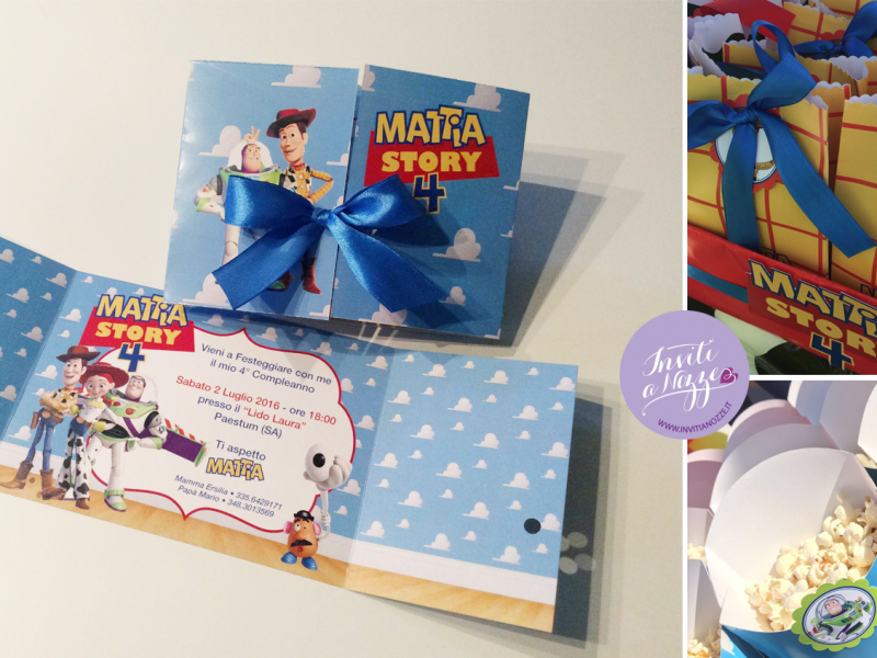 Invito di compleanno toy story in coordinato con bustine regalo e box pop corn