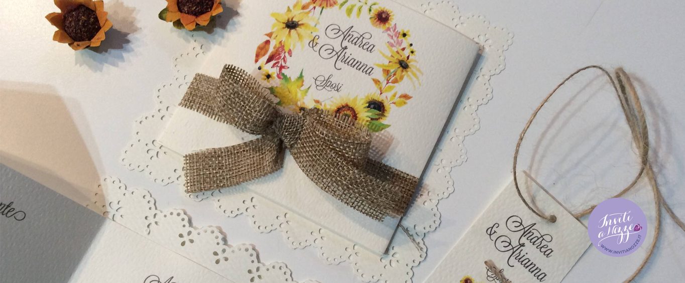 partecipazione matrimonio rustico chic girasoli merletto