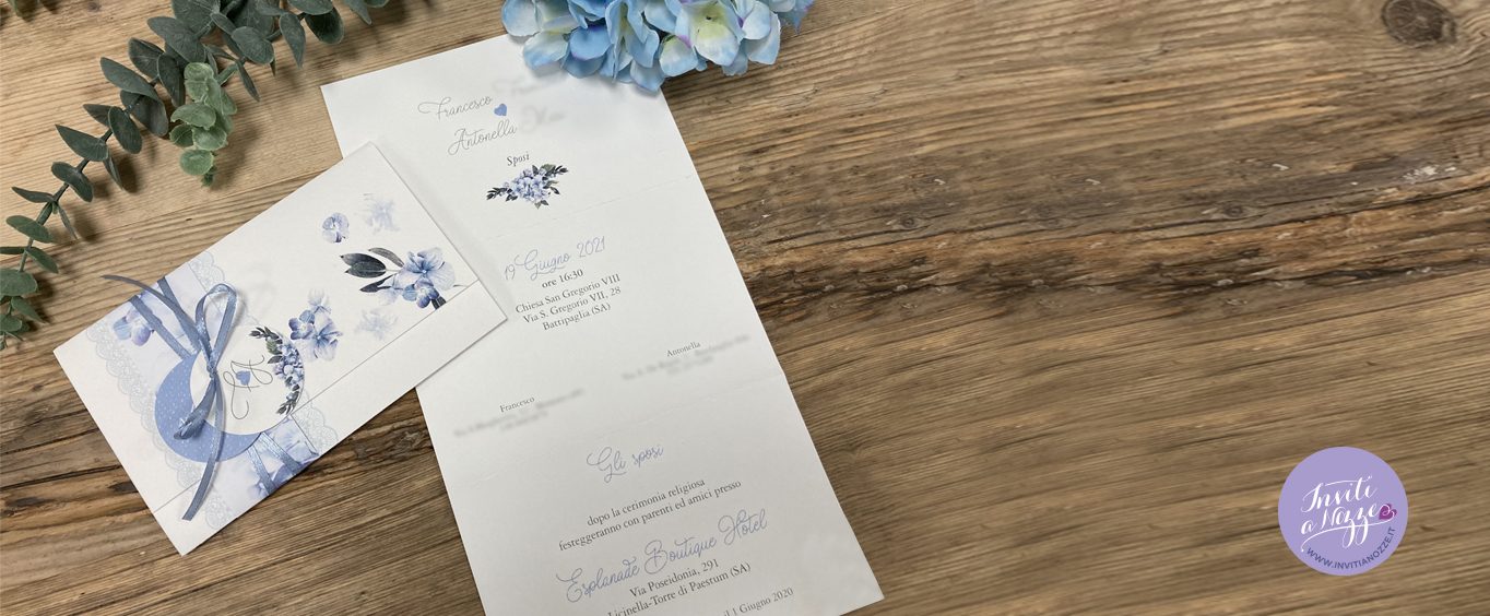 Partecipazione matrimonio pochette ortensie blu